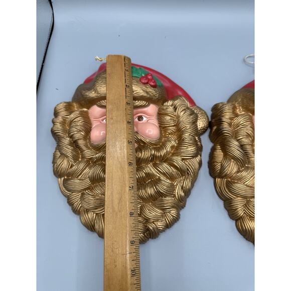 Vintage Plastic Santa Face Wall Plaques Gold Beard Christmas Decorations Pair - Picture 6 of 6
